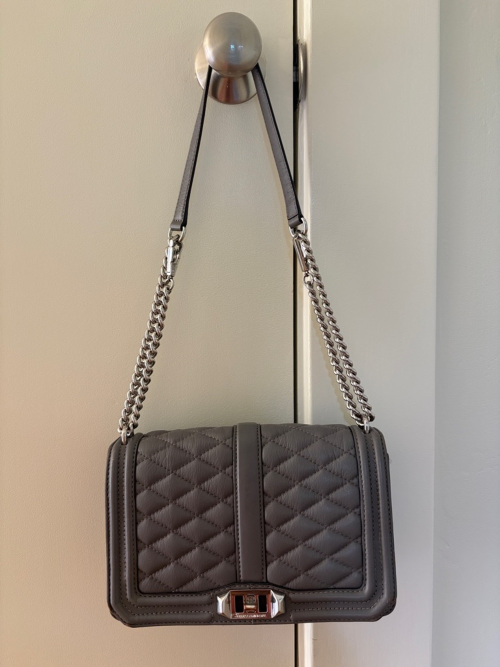 Rebecca Minkoff Love Quilted Gray Shoulder Bag with Silver Chain